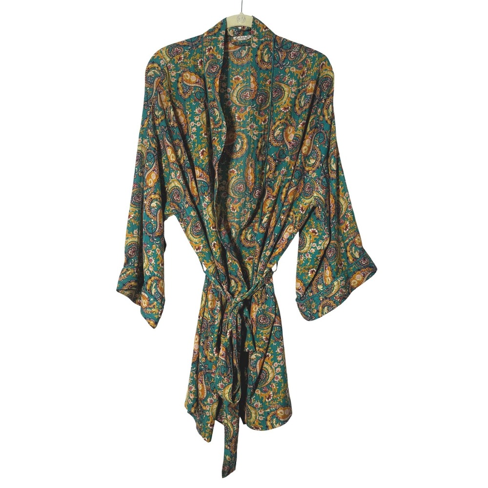 Intimately Free People Robe Womens M Teal Paisley Excellent Boho Kimono Wrap